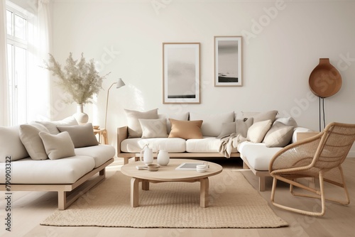 Interior design of a serene Scandinavian living room blending clean lines, muted tones, and natural materials to evoke a sense of tranquility and sophistication. © DesignDynasty