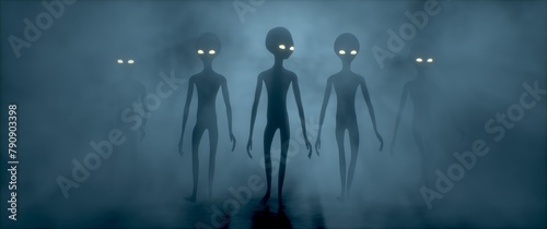 Five scary gray aliens walk and look blinking