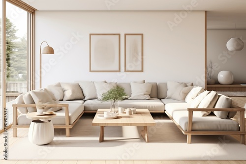 Interior design of a serene Scandinavian living room blending clean lines  muted tones  and natural materials to evoke a sense of tranquility and sophistication.