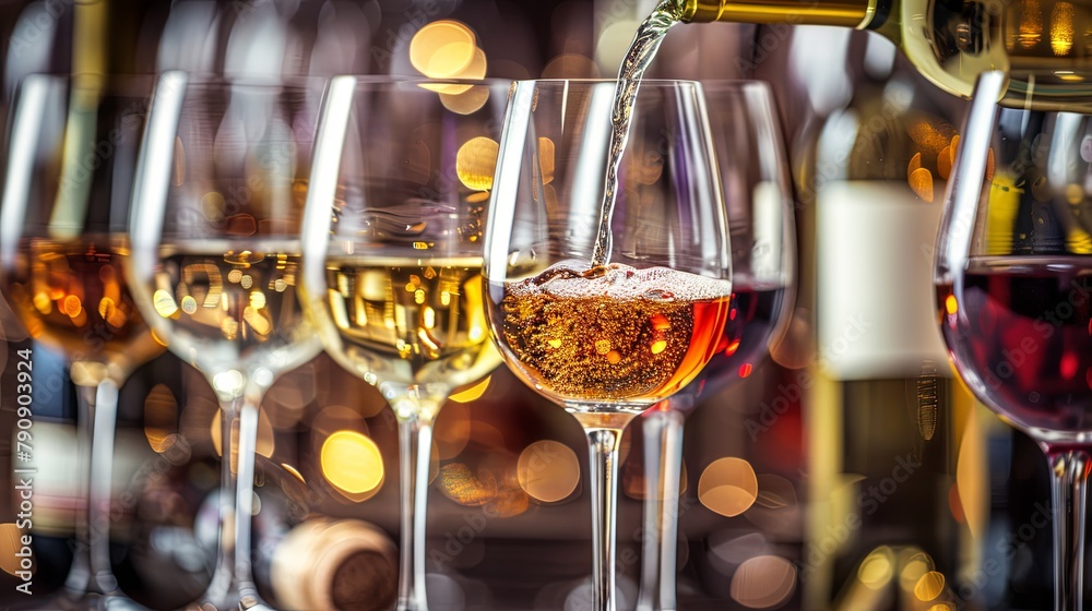 Obraz premium Elegant wine tasting event with a variety of glasses and wine bottles