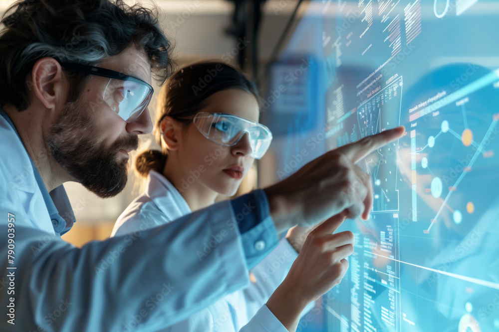 A male and female scientist are engaged in data analysis on a futuristic, holographic interface. A male and female scientist are engaged in data analysis on a futuristic, holographic interface.