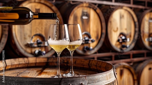 Pouring white wine into glasses in a rustic cellar with barrels
