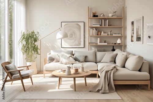 Interior design of a serene Scandinavian living room blending clean lines  muted tones  and natural materials to evoke a sense of tranquility and sophistication.