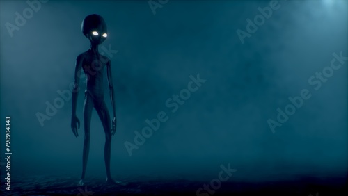 Scary gray alien stands and looks blinking on a dark smoky background. UFO futuristic concept. 3D RENDER. Not AI.