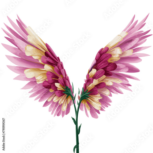 pink flower with yellow and white wings, wings made out of flowers, pink petals fly, Generative AI