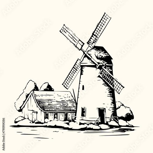 Windmill with a house vintage sketch style vector, Generative AI