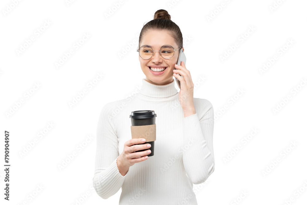 Young smiling woman talking on phone, holding takeaway coffee cup Young smiling woman talking on phone, holding takeaway coffee cup