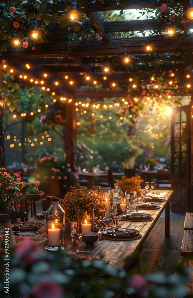 Capture the enchantment of a garden soiree, illuminated by a delicate garland of lights