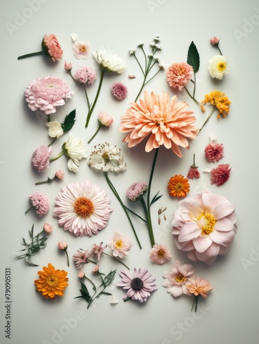 Creative concept of fresh spring field flowers on bright background.