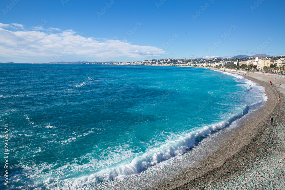 Beautiful azur turquoise water of Mediterranean sea in Nice, French riviera, France. Beautiful cote d'Azur. 