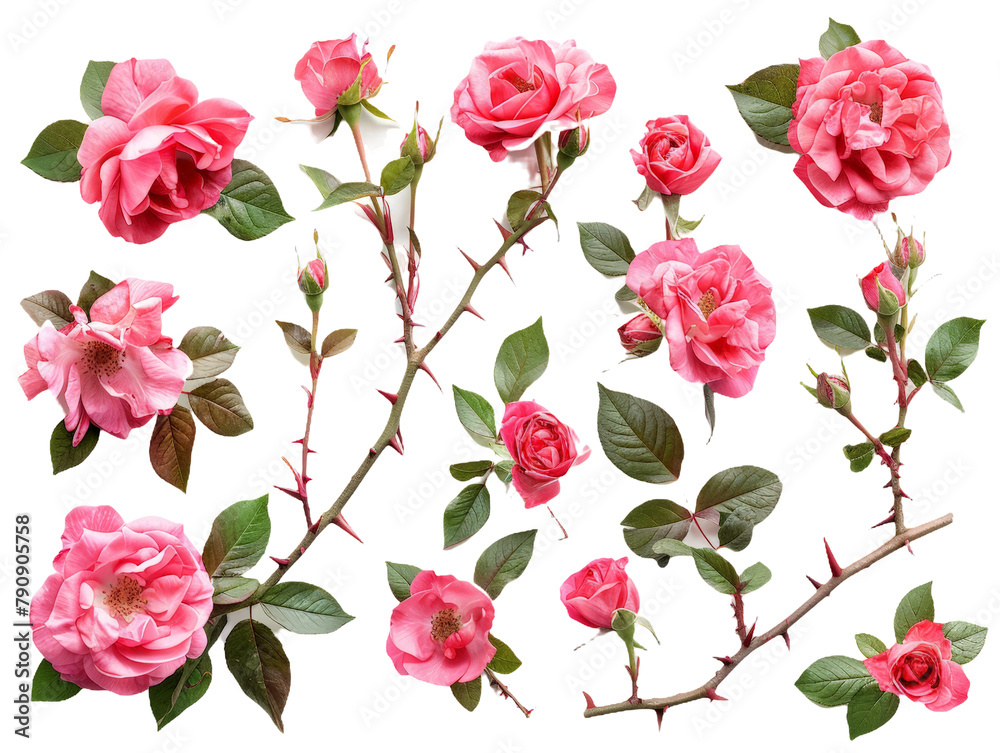 Set of branches of blooming rose bushes, vibrant pink flowers