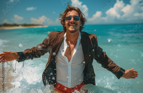 Joyful man in formal wear and sunglasses stands on beach, splashing water with outstretched arms