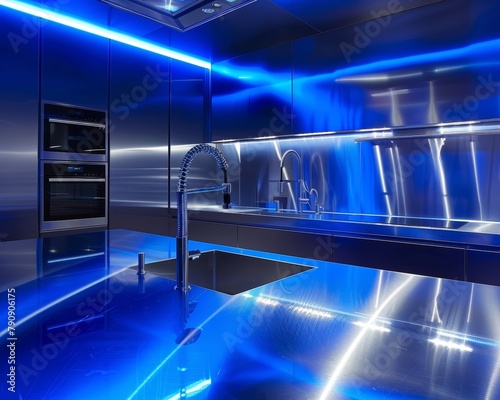 Ultra-Modern Kitchen Showcase  Sleek stainless steel appliances with chrome finishes  accented by vibrant neon blue under cabinet lighting for a futuristic feel.