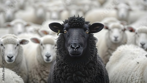 Standout Black Sheep Leading the Flock. Concept Leadership challenges, unique individuals, team dynamics, standing out in a group photo