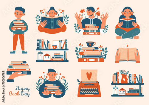 World Book Day. Set for booklovers, bookworms, nerds. Cute creative collection of clip arts with stack of books, persons holding books, reading, hands, typewriter, bookshelf.For stickers, card, banner © renberrry