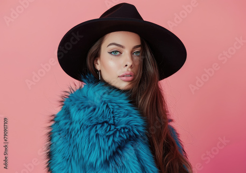 Full body photo of an beautiful woman, wearing black top and hat with long dark brown hair in big fluffy blue fur coat posing on pink background © Kien
