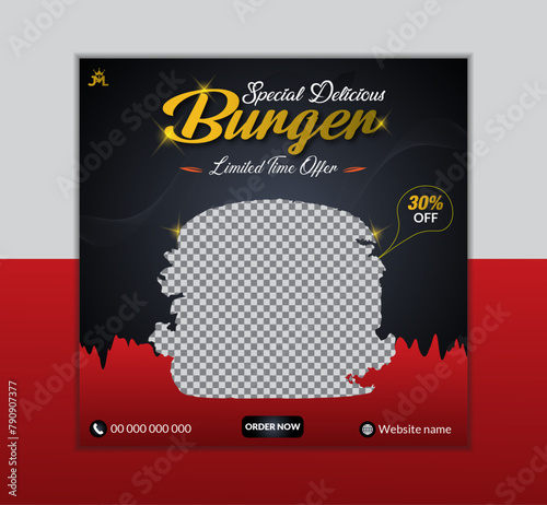 Delicious burger and french fries social media post template. Restaurant Burger Social Media Post Design
