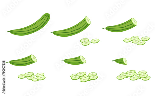 Cutting chopped cucumber slice isolated set. Vector graphic design illustration element