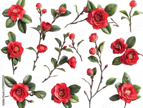 Set of branches of early blooming camellias  elegant red flowers
