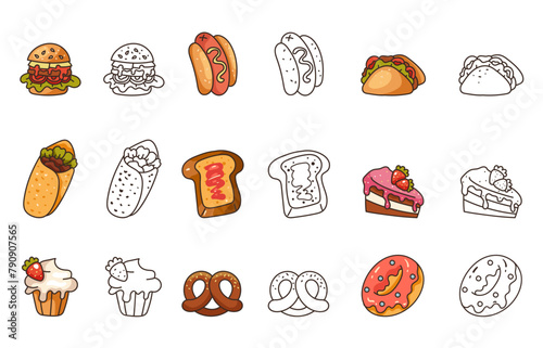 Isolated on white background set of junk fast food flat line modern style. Vector flat graphic design illustration