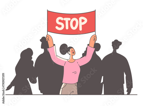 Crowd of people characters holding placard and screaming on demonstration rebel picket. Vector flat cartoon graphic illustration set