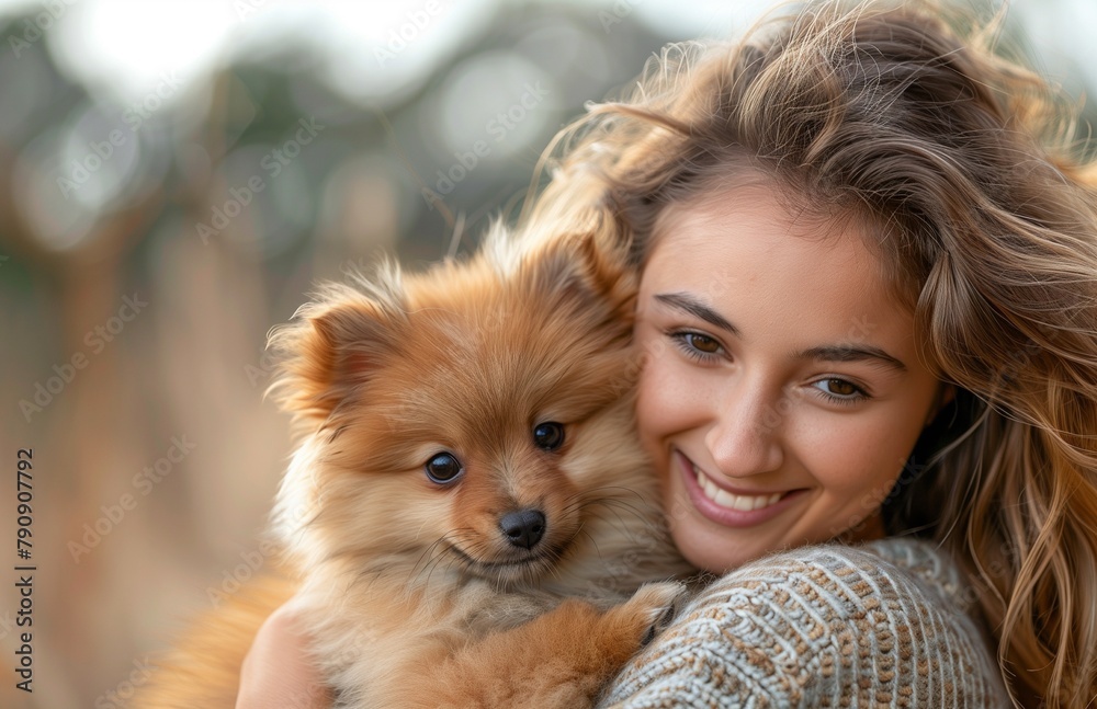 Young woman affectionately smiles at her Pomeranian puppy while sitting in a park on grass Young woman affectionately smiles at her Pomeranian puppy while sitting in a park on grass