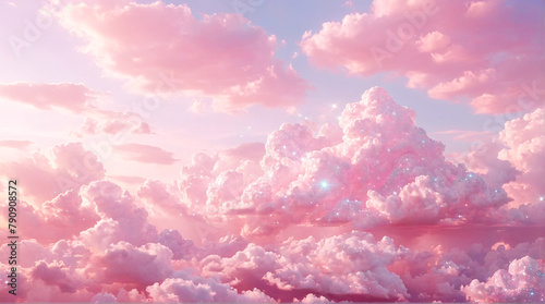 Soft pink cotton candy clouds with glitter on sky background. Magical, fantasy background. Pastel colored cloudscape