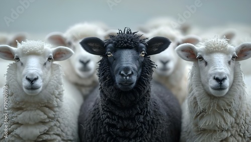 Contrast in Unity: One Black Sheep Leads White Peers. Concept Black Sheep Photography, Unity in Diversity, Contrast Capture, Stand Out in a Group, Unique Individual photo