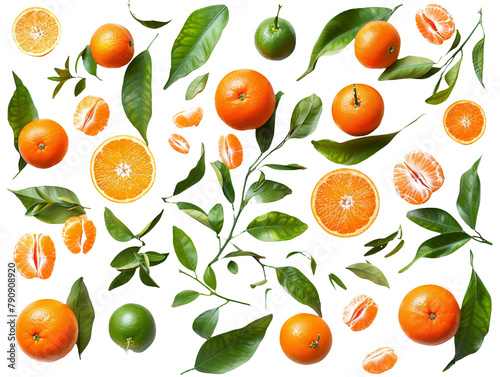 Set of branches of fresh mandarins, tangy and sweet