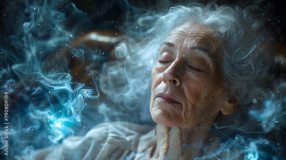Cyan Elderly Woman in Grey Contemporary Parlor - Spirituality & Psychic Waves