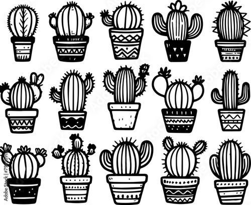 Set of vector black and white drawings of cacti in pots in doodle style.