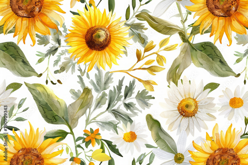 Pattern with set of sunflowers and daisies on white background. Variety of watercolor flowers with green leaves Pattern with set of sunflowers and daisies on white background. Variety of watercolor flowers with green leaves