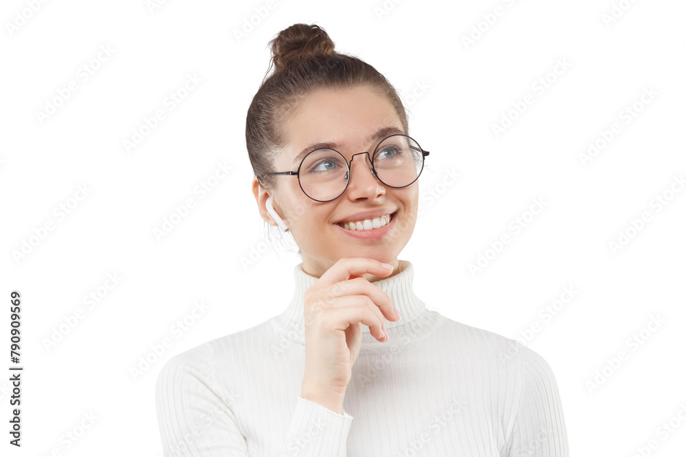 Young dreaming woman in white sweater and glasses, looking away, thinking of new opportunities with smile Young dreaming woman in white sweater and glasses, looking away, thinking of new opportunities with smile