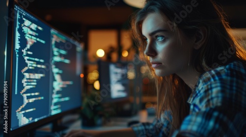 Woman Coding on Computer Screens