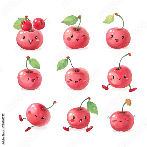illustration of a collection of cute cherry characters with various expressions and colored with watercolors