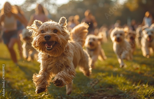 On a weekend morning, the dog park bustles with various breeds racing, tails wagging playfully