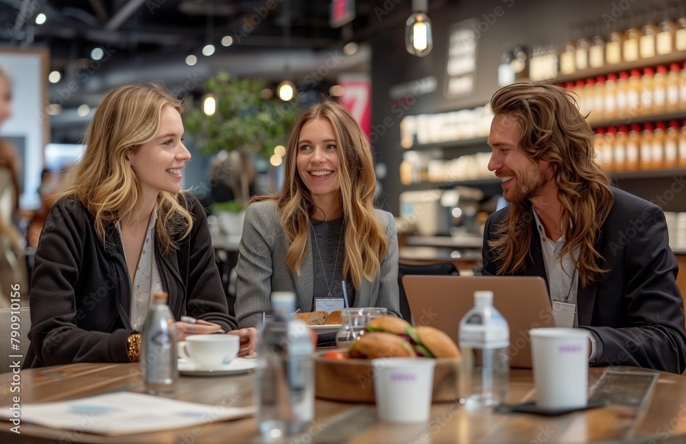 Colleagues gather in cozy kitchenette, chatting over coffee and sandwiches