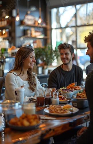 Colleagues gather in cozy kitchenette  chatting over coffee and sandwiches