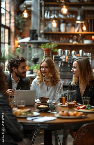 Colleagues gather in cozy kitchenette, chatting over coffee and sandwiches © yevgeniya131988