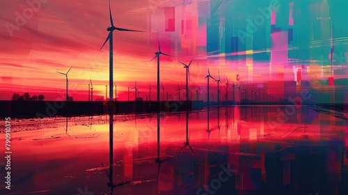 Manipulated colors of wind turbines silhouettes during sunset