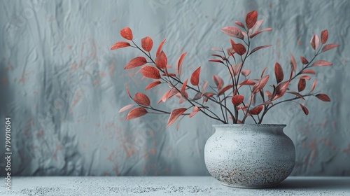   A white table holds a vase filled with red leaves Nearby, a gray wall stands, and behind it, another identical gray wall photo