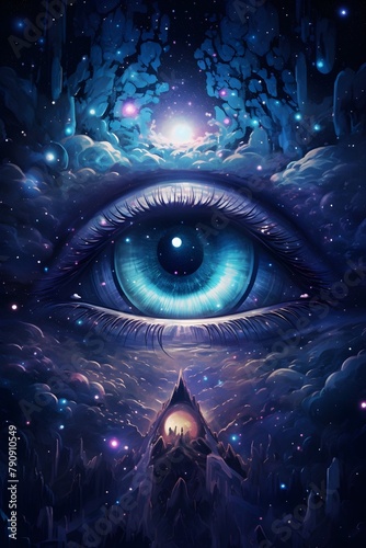 The visionary styled mystical eye of the universe made of constellations in the outer space, manifestation, cosmic, dimensions, chakra, yogi