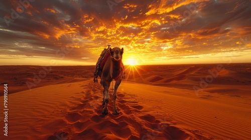 Camel Walking Against a Sunset in the Sand Desert #790910564
