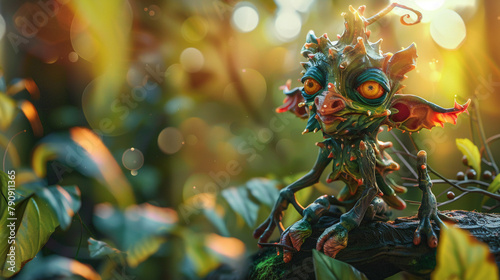 Mischievous goblin in a forest setting, playful and cunning, crafted in vibrant 3D vectors with a touch of whimsy and magic