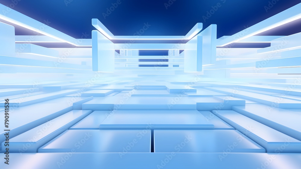 3d rendering of white and blue abstract geometric background. Scene for advertising, technology, showcase, banner, game, sport, cosmetic, business, metaverse. Sci-Fi Illustration. Product display