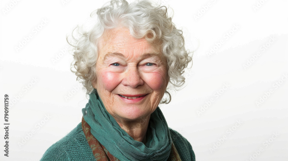 An elderly woman dressed in a green sweater and scarf An elderly woman dressed in a green sweater and scarf
