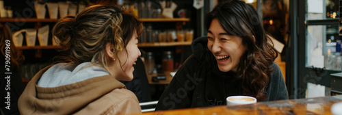 Two women engaged in conversation while sitting at a table