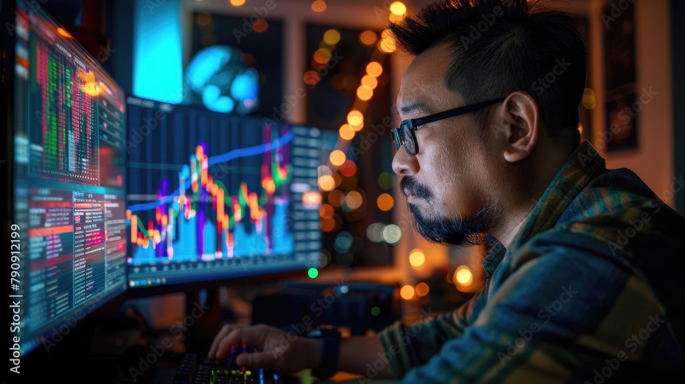 A man sitting in front of his computer screen, focused on his work A man sitting in front of his computer screen, focused on his work