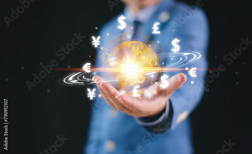 Money transfer, currency exchange, FinTech financial technology, global business, online banking, interbank payment concept. Businessman show virtual international currency icon, wallet crypto in hand