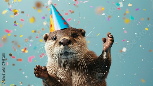 joyful Otter in a birthday cap celebrates victory, throws up confetti, blue background with a white blank rectangle for text photo